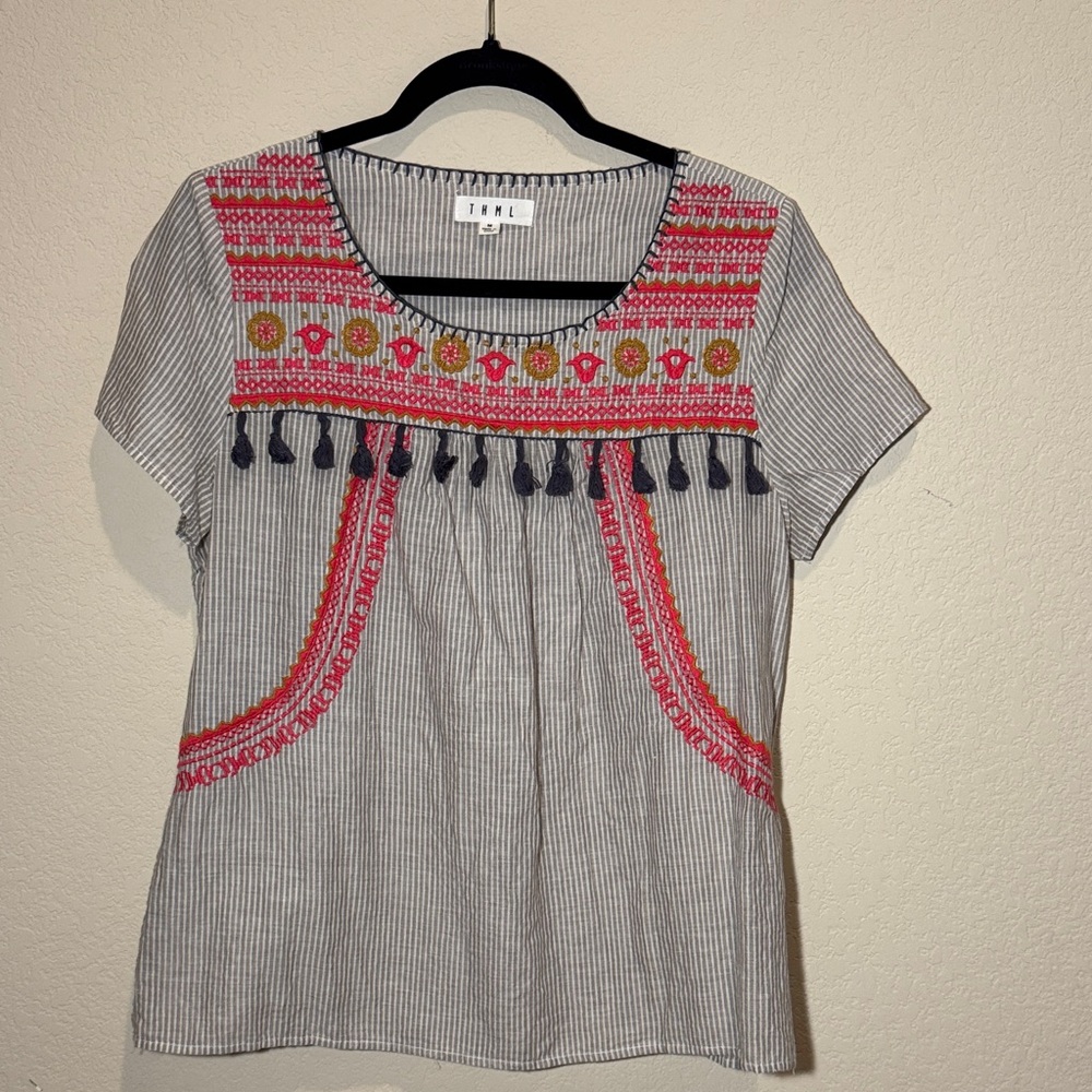 Women's Gray Striped Top with Pink and Yellow Embroidery